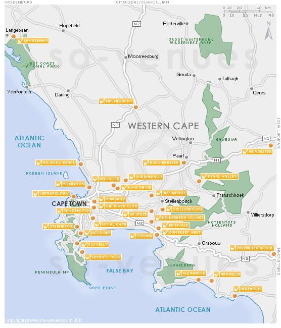 mapa da Cidade do Cabo, campos de golfe 