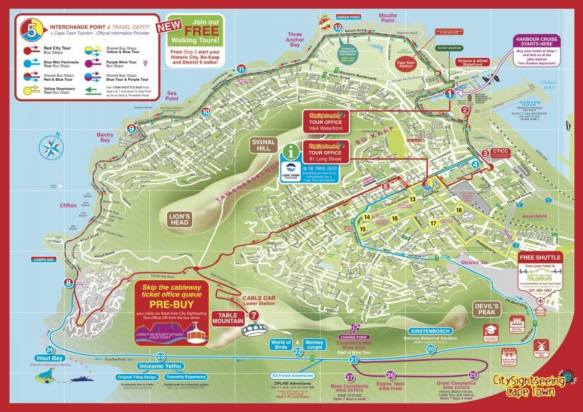 mapa da cidade do Cabo hop on hop off tour de ônibus