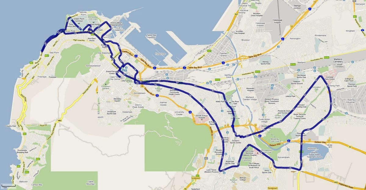 mapa da rota da maratona da Cidade do Cabo