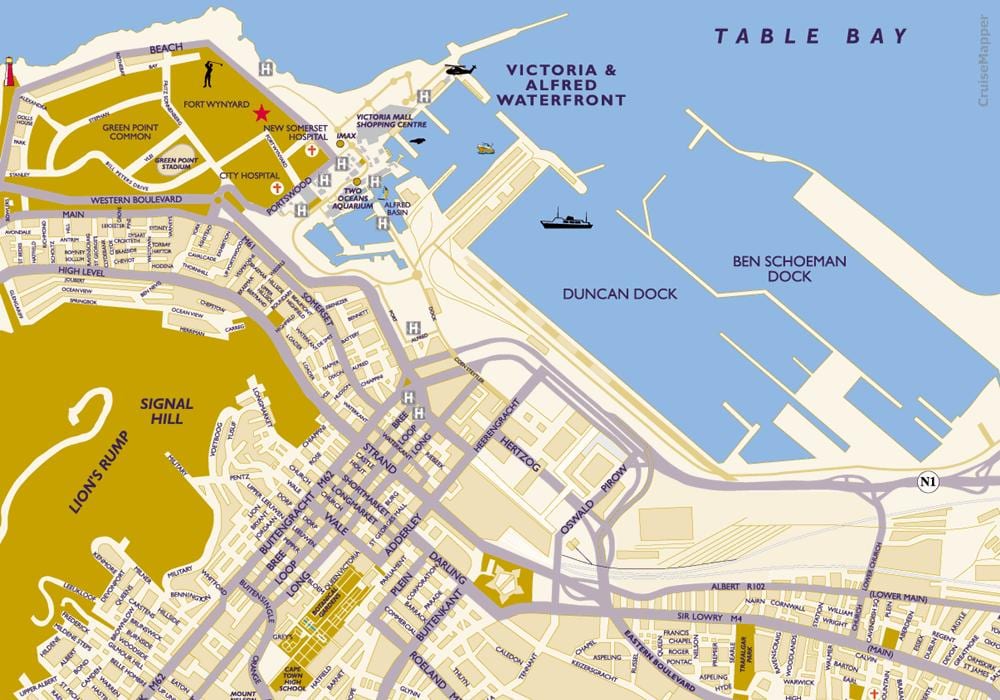 mapa de Cidade do Cabo para o terminal de cruzeiros