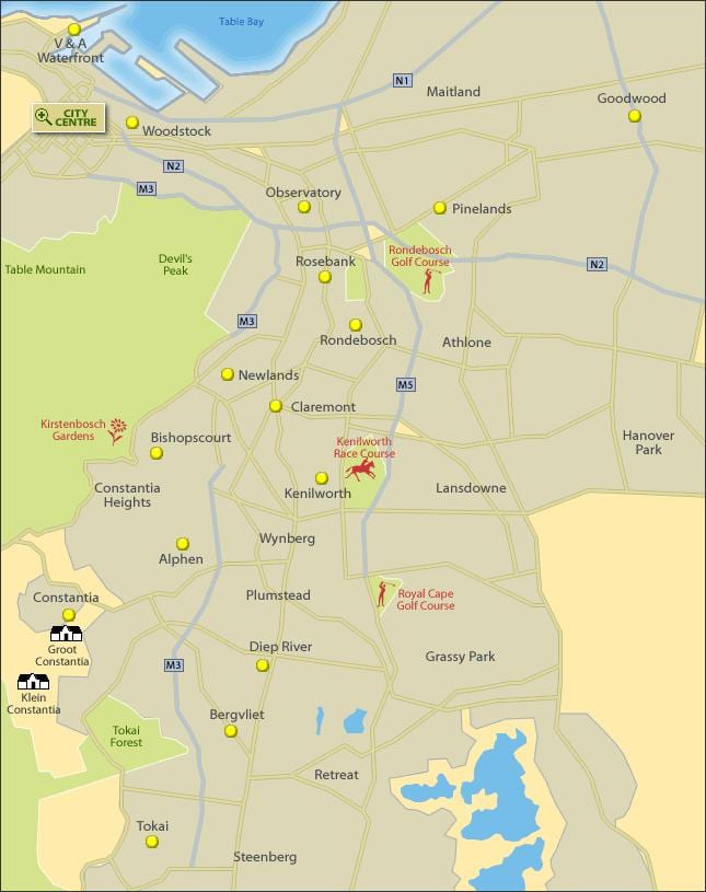 mapa de subúrbios do sul em Cidade do Cabo