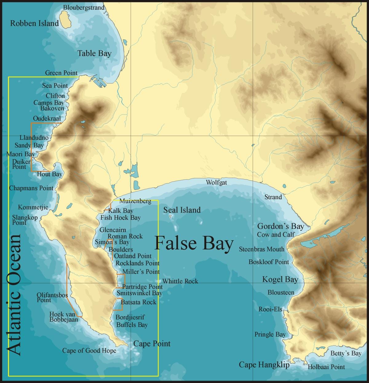 mapa de false bay, Cidade do Cabo