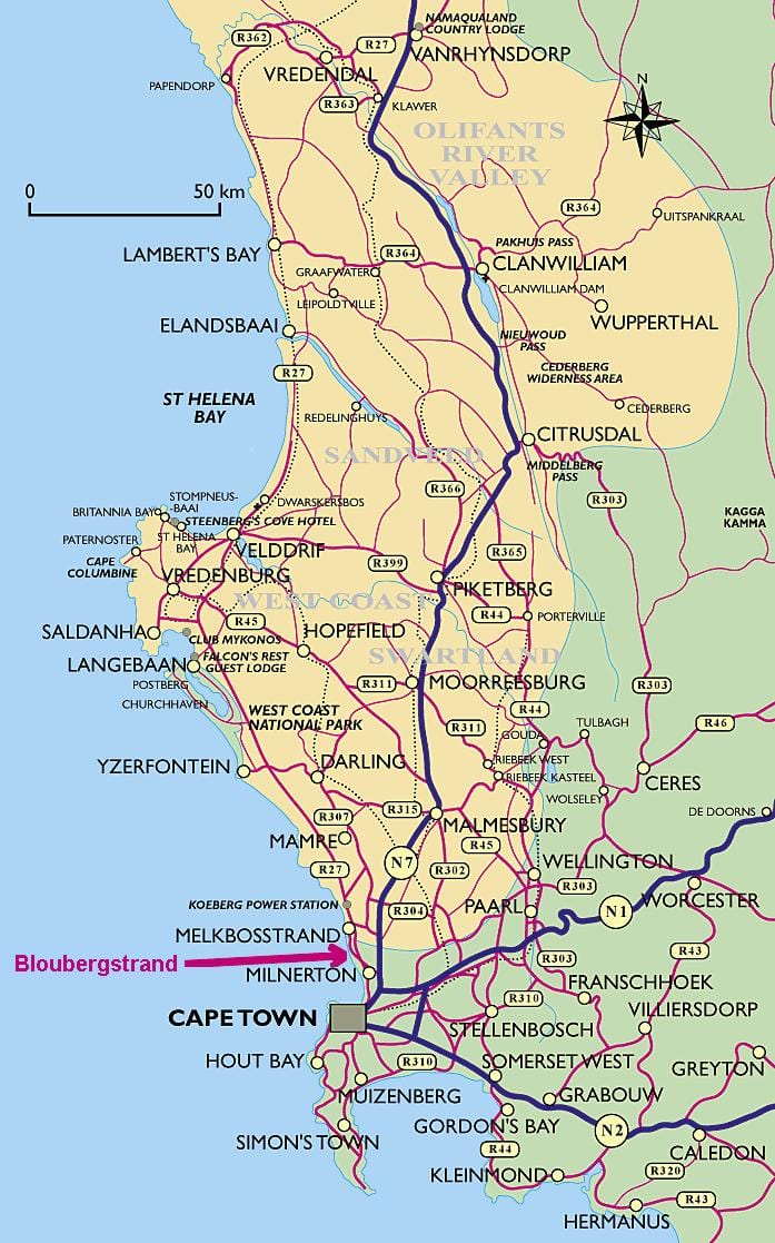 mapa da costa oeste da Cidade do Cabo