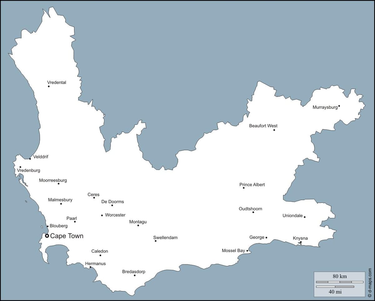 mapa de western Cape Cidades