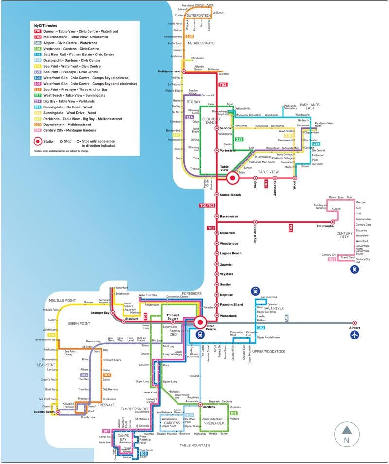 Cidade do cabo myciti ônibus mapa de rotas