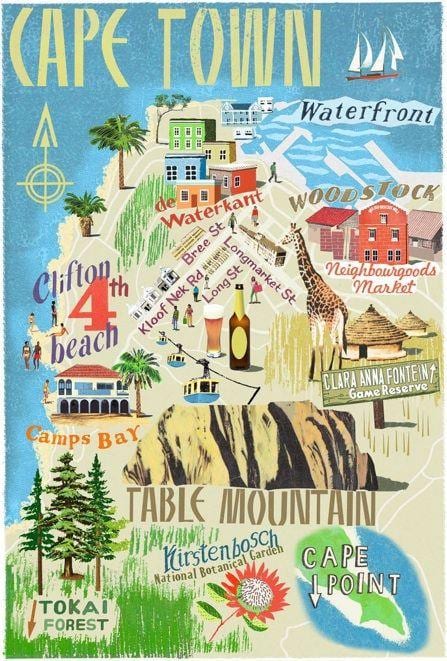 mapa de quatro atrações em um mapa de Cidade do Cabo