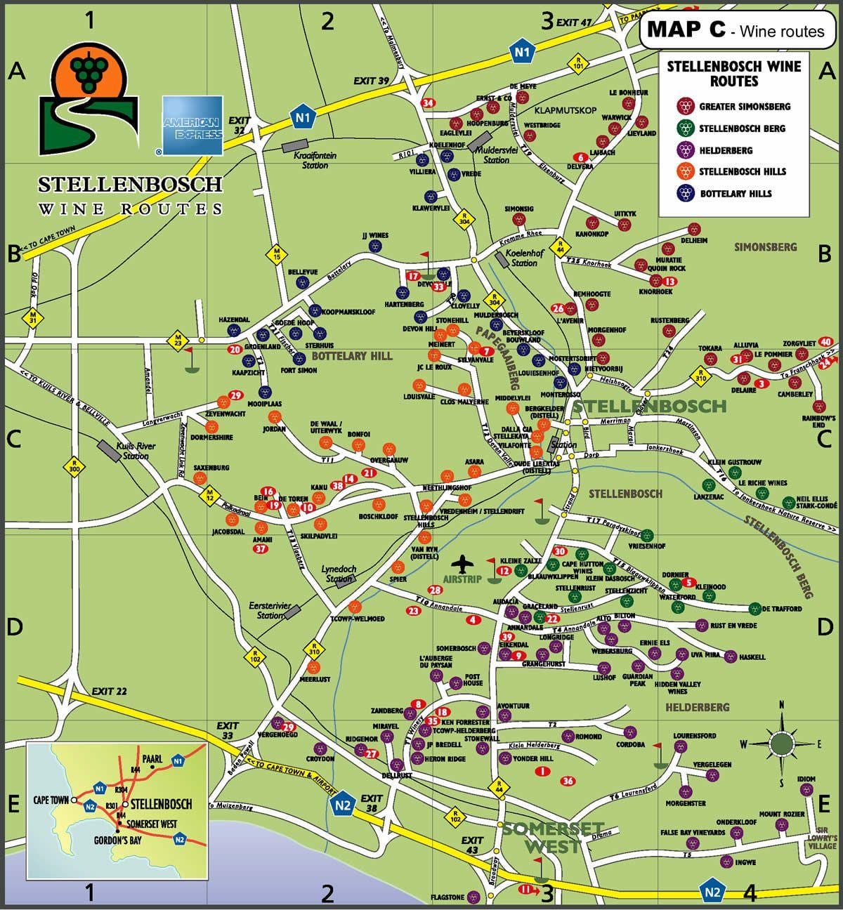 mapa da rota do vinho do mapa de Cidade do Cabo