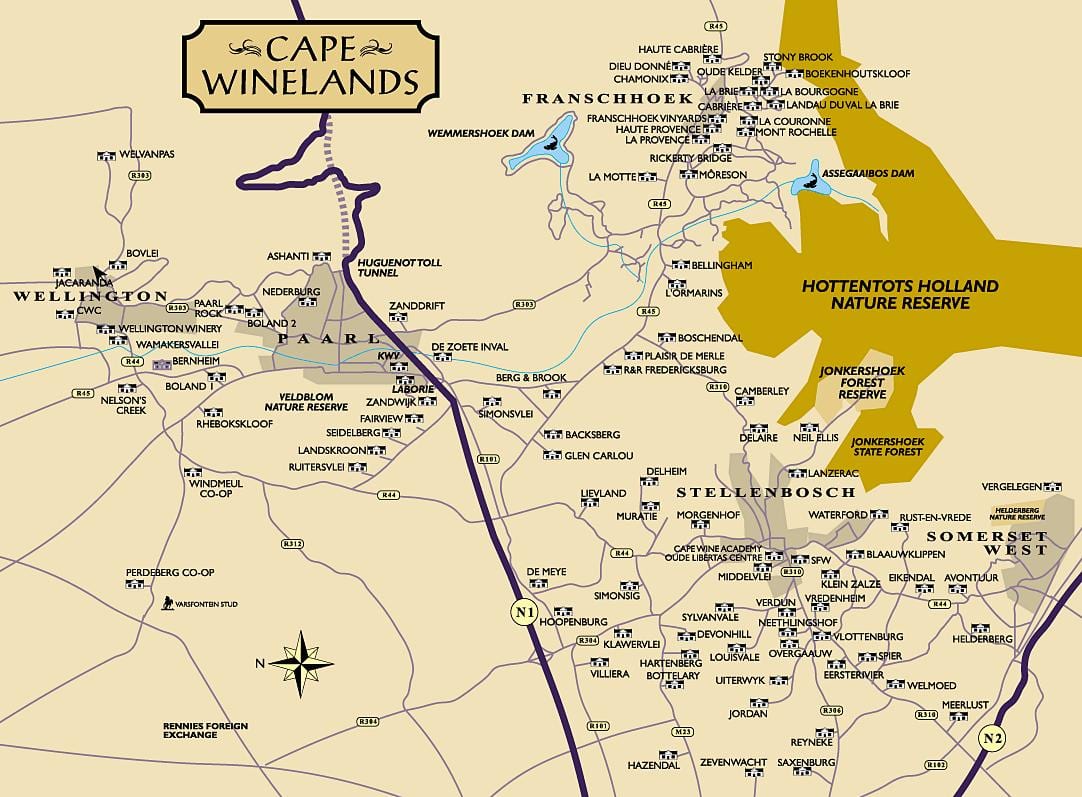 mapa da winelands Cidade do Cabo